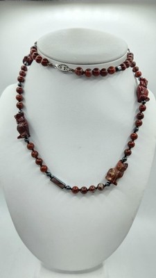 Red Jasper Owl/Cat Necklace Hematite Beads Natural Stone Statement Pendant 28''