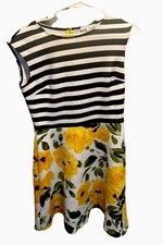 Sandra Darren Womens Size 8 Dress Black White Striped Floral Fit & Flare Midi