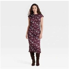 A New Day Floral Ruched Satin Midi Dress Women XXL Burgundy Cap Sleeve Side Slit