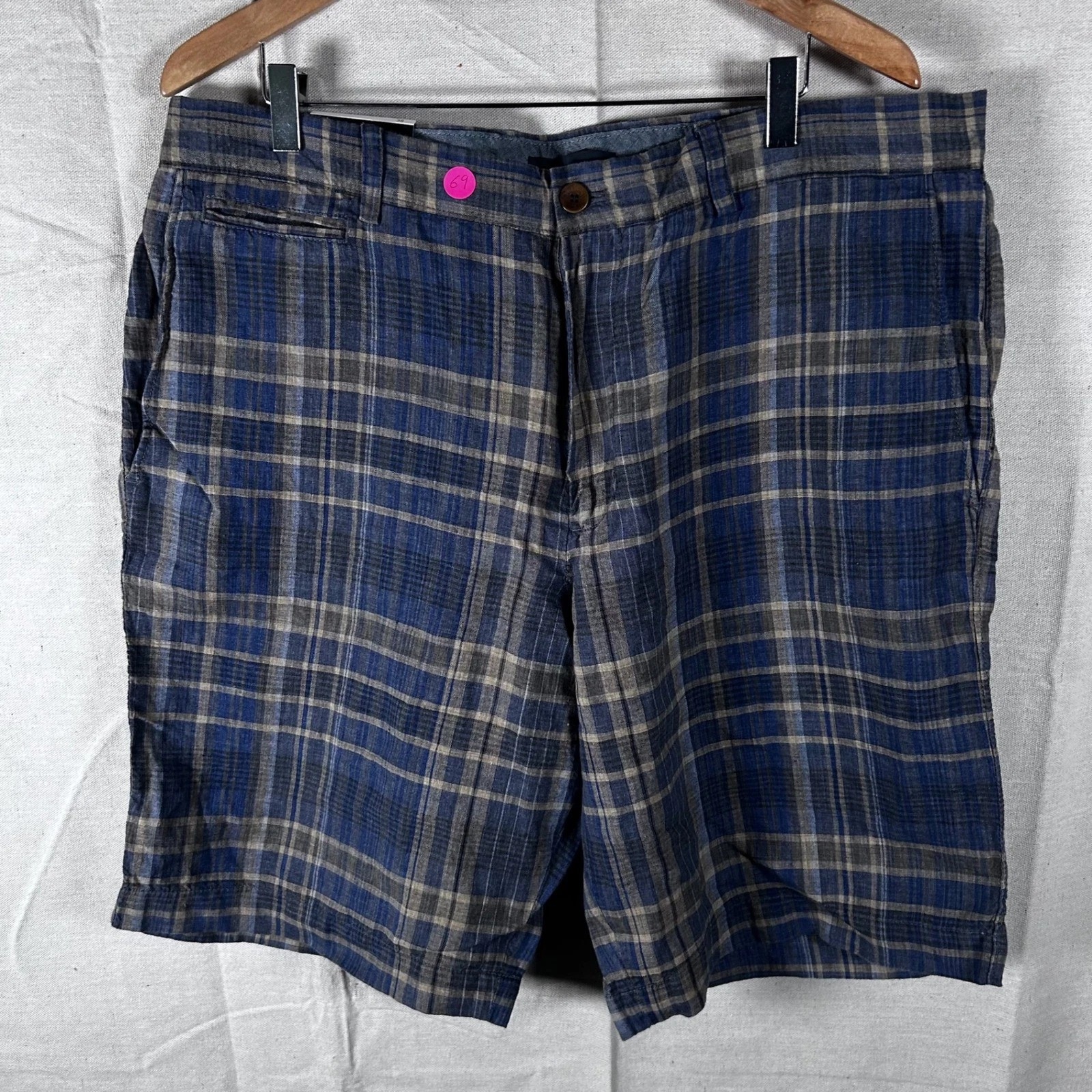 Banana Republic Mens 100% Linen Plaid Shorts Navy Blue Gray Size 38 NWT