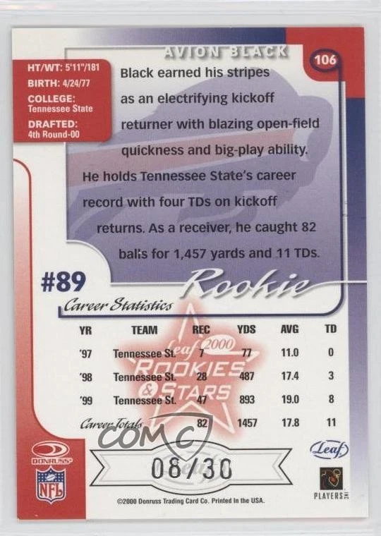 2000 Leaf Rookies & Stars Rookie Longevity /30 Avion Black #106 RC - Image 2 of 2