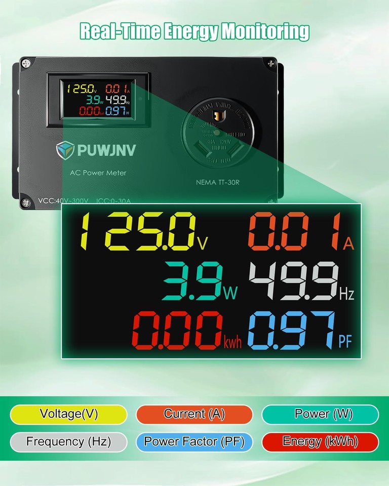 30A AC Power Meter, 125V TT-30P to TT-30R Generator Plug-in Energy ...