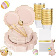 175Pcs Pink Plastic Plates - Pink and Gold Plates Disposable 25guest Plastic ...