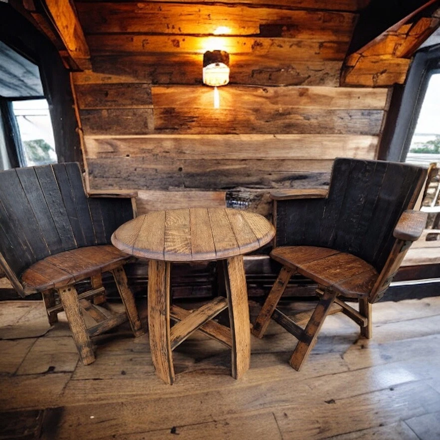 Handmade Reclaimed Whiskey Barrel Coffee Table with 2 Oak Barrell Chairs - Image 3 of 3