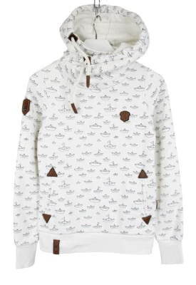Hoodie NAKETANO Femme SMALL Blanc Logo Poche Imprimé Motif Pullover Capuche - Photo 1/4
