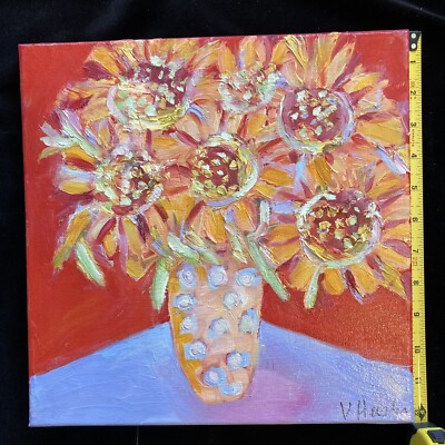 Sunflowers in Vase  on ScarletOriginal Acrylic Mixed MediaPainting 12 x12 Canvas