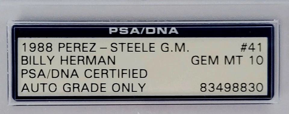 BILLY HERMAN 1988 Perez-Steele Great Moments PSA/DNA GEM MT 10 AUTO HOF Cubs - Image 3 of 3
