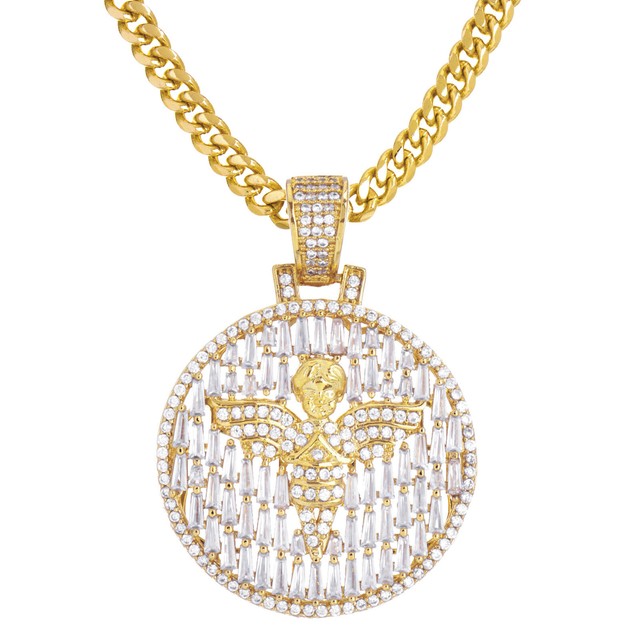 Rapper Gold Plated Angel Medallion Pendant 24" Cuban Chain Necklace BCC