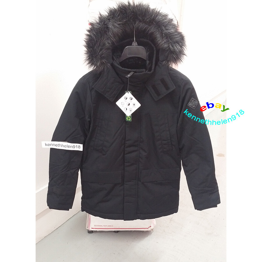 HOLLISTER FAUX FUR LINED PARKA JACKET COAT BLACK MENS SIZE S,M | eBay