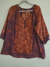 Chaps Denim Paisley Orange Purple 2x Blouse Vneck Tunic Boho 70s Hippie  0273