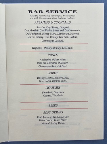 EMIRATES VINTAGE AIRLINE MENU MANILLA - HONG KONG - DUBAI 1991 EK - Picture 3 of 7