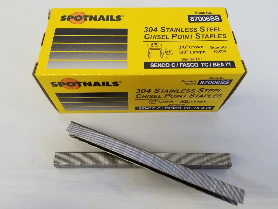 SPOTNAILS STAINLESS STEEL STAPLES 3/8" CROWN BY 3/8" STAINLESS STEEL C06 10,000/Box