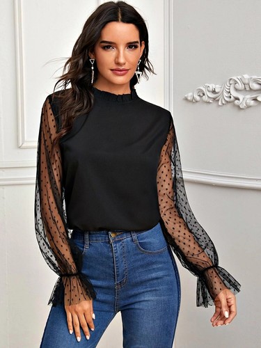 BLACK FRILLED NECKLINE DOBBY MESH 