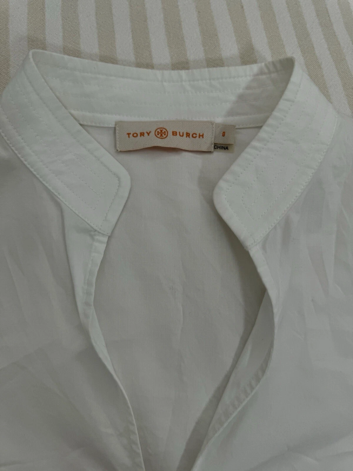 Tunica Tory Burch Sophie collo diviso manica lunga a campana frange popeline bianco taglia XS 0