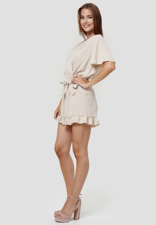 Damen kurzer Overall V-Neck Playsuit Sommer Jumpsuit in Wickellook mit Gürtel  - Bild 3 von 4