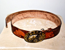 VTG Bass Fishing Tooled Leather Belt w/Brass Bass Buckle Brown Size 42 fits40-44