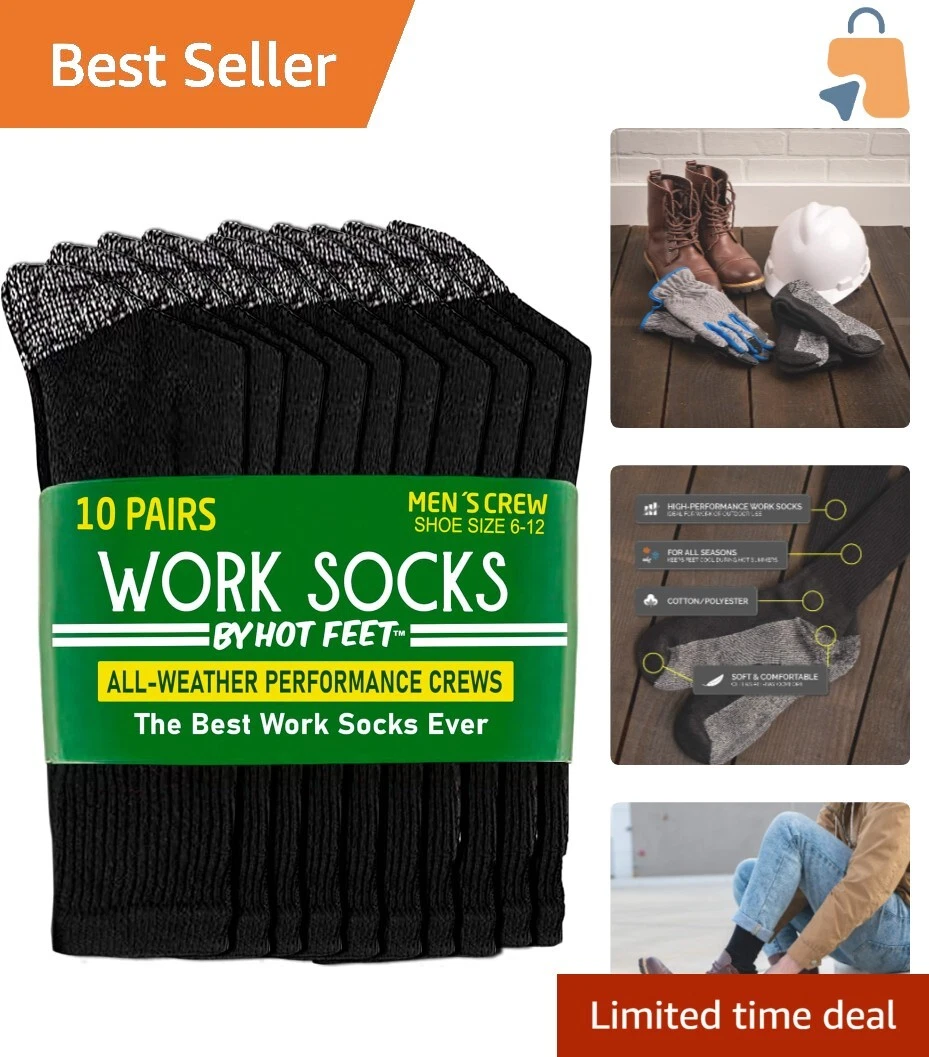 All-Weather Men's Socks - 10 Pack Cotton Crew with Arch Support, Size 6-12.5