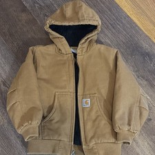 Carhartt Boys XS Brown Hooded Canvas Jacket Insulated Full Zip Pockets