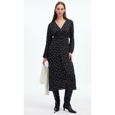 Madewell Black Floral Ruched V-Neck Midi Dress Long Sleeve Size 2
