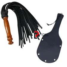 9" Cowhide Leather Paddle Slapper & Leather Flogger 25 Tails Wooden Handle Black