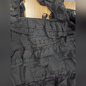 Gacaky Lace Trim Mini Ruffle Flowy Black Babydoll Dress Romper Built-in-shorts