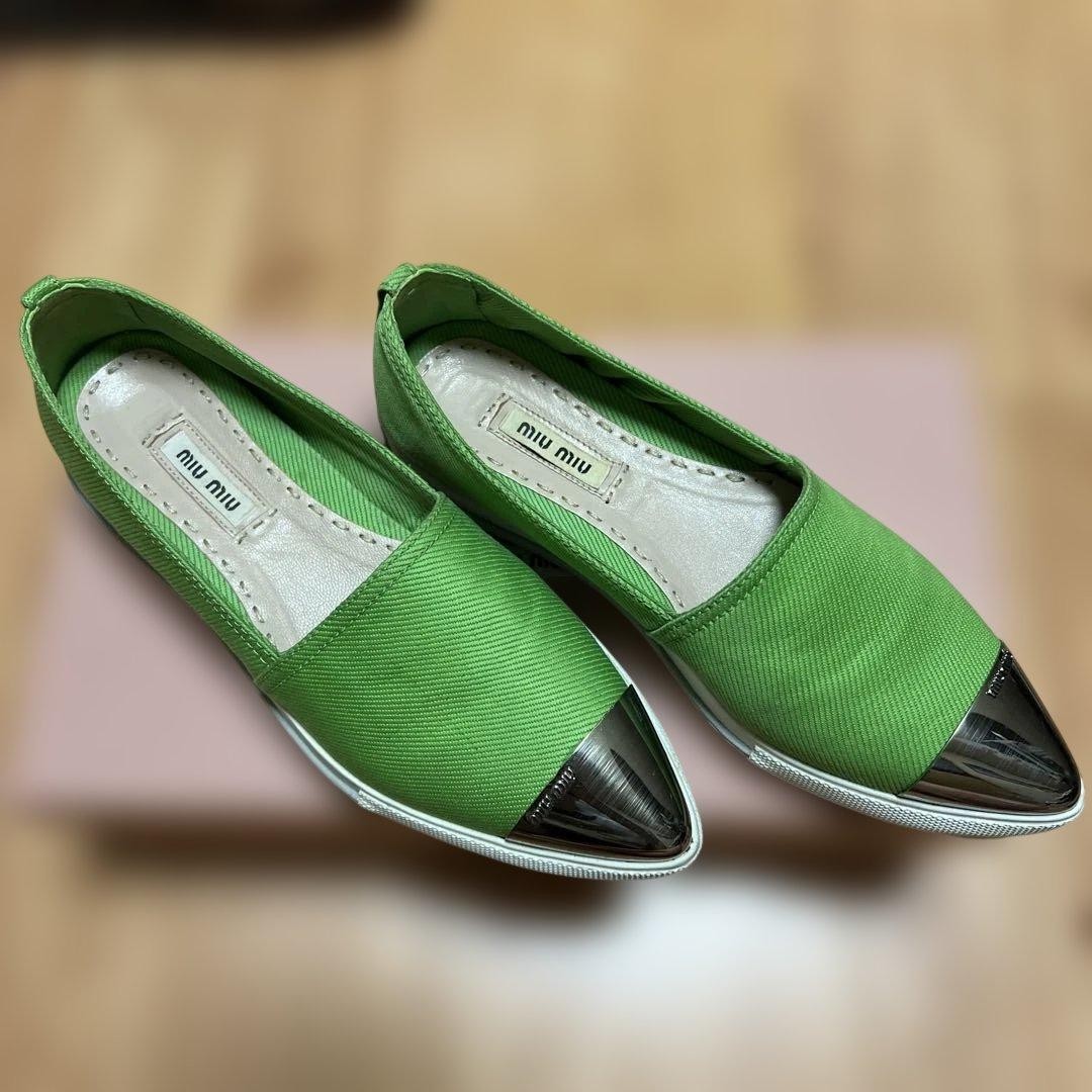Rare Miu Miu Green Canvas Shoes Size 35 Metallic Toe Slip-on Flats