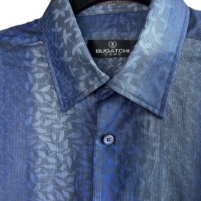 Bugatchi Uomo Men s Shirt Blue Flip Cuff Patterned Stripe Spread Collar Size M