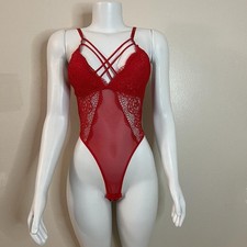 Red mesh strappy bust lace teddy lingerie bodysuit