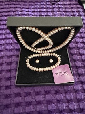 Vintage Honora Fresh Water Pearl Pink Set Necklace Bracelet Earring Silver Clasp