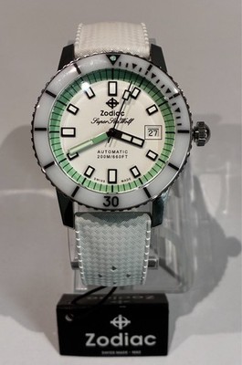Zodiac Super Sea Wolf Diver Automatic White Teal Dial Rubber Watch ZO9309 $1589 