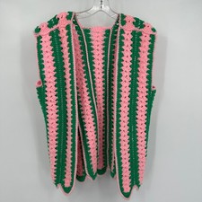 Vintage Handmade Crochet Vest Womens Pink Green Striped Boho Hippie Cottagecore