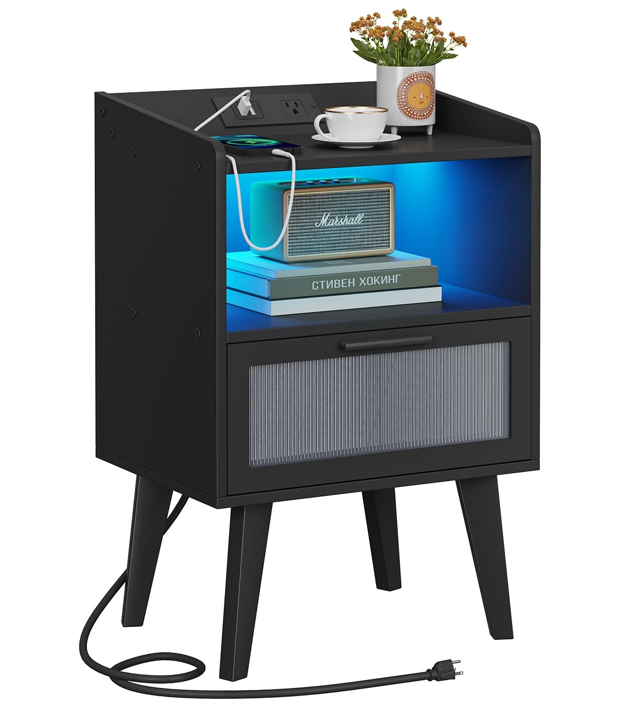 Adjustable LED Nightstand with Storage Drawer for Bedroom End Table-image