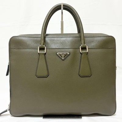 PRADA Green Leather Triangle Logo Briefcase Business Bag Men Auth