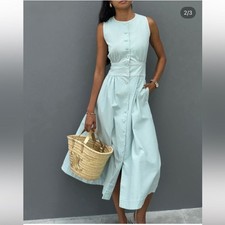 Vita Grace Arania Dress Linen Seabreeze Blue Button Front Pockets Size Large