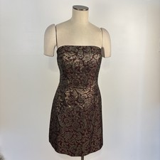 VTG Talbots Womens 10P Burgundy Gold Brocade Strapless Cocktail Party Dress