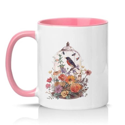 Vogel innen Glas Cloche Damen 11 Unzen Keramiktasse Vintage Blumen Vogelliebhaber Geschenk