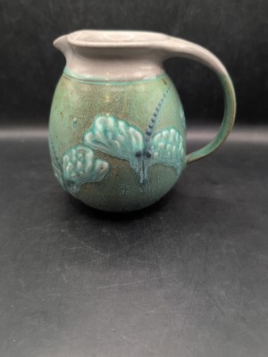 Handmade Studio Pottery Pitcher With Dragonflies Greens & Blue Signed 