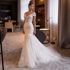 Elegant Mermaid Wedding Dresses V Neck Backless Lace Applique Bridal Gowns Train