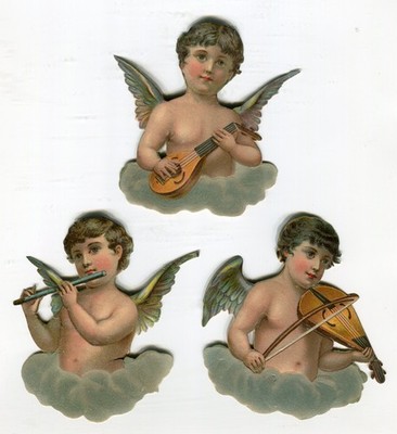 Glanzbilder Oblaten scraps  Engel mit Musikinstrumenten   8 cm