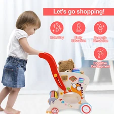 Baby Push Walker Doll Stroller, Wooden Shopping Cart Height Adjustable USA NEW