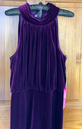 ELIZA J Ciruela Terciopelo Terciopelo Plisado Cuello Simulado Blusa Halter Vestido Talla 12 ¡Nuevo! - Imagen 8 de 24