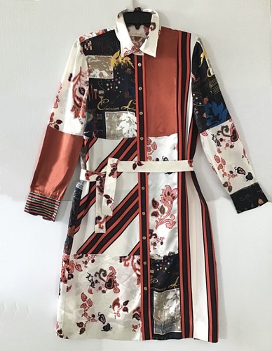 Tory Burch Patchwork Silk Blend Belted Midi Dress Red/White Floral Sz 10 New