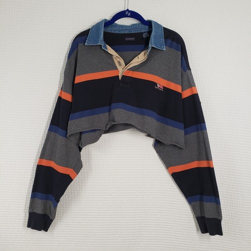Vintage Gant Cropped Polo Shirt Womens XL Gray Striped Skater Denim Collar 90s