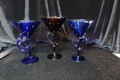 Jozefina Krosno Polish Twisted Hand Blown Art Glass 3 Champagne Martini Goblets