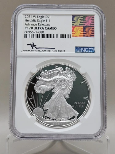 2021 W Silver Eagle Proof T-1 Advance Releases NGC PF 70 Mercanti Signed