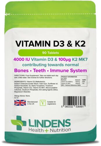 Vitamin D3 4000IU & Vitamin K2 High Strength 90 tablets Immune Health Lindens - Afbeelding 1 van 6