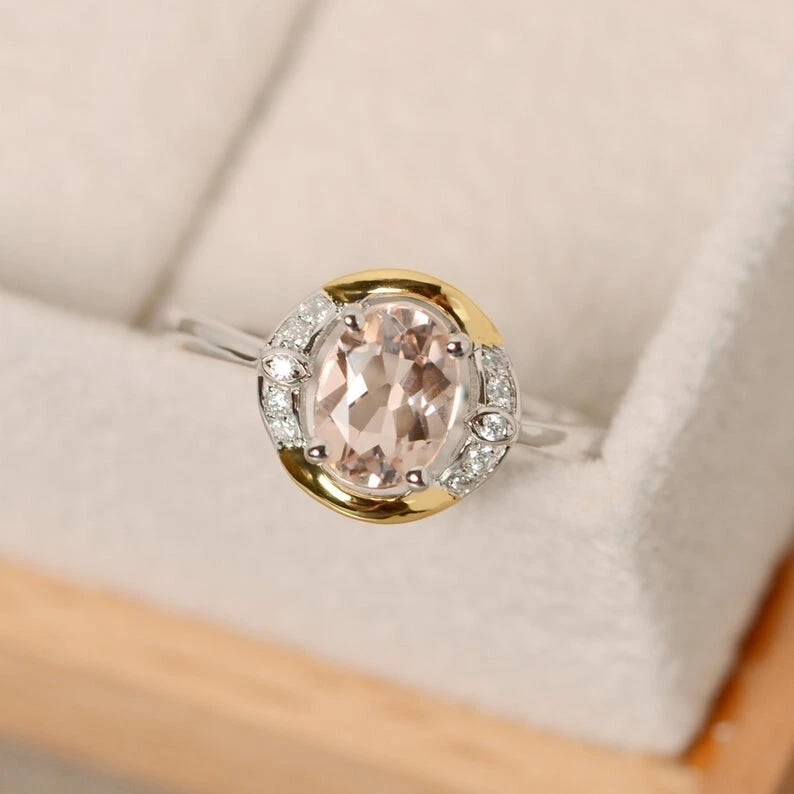 1.65 Ct Oval Cut Real Morganite & Diamond Engagement Ring 14K Solid White Gold - image 3 of 4