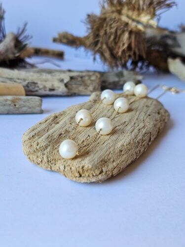 14ct 585 Yellow Gold Dainty V Necklace 7 Natural White Pearls 14k Gold Chain 19" - Picture 2 of 7
