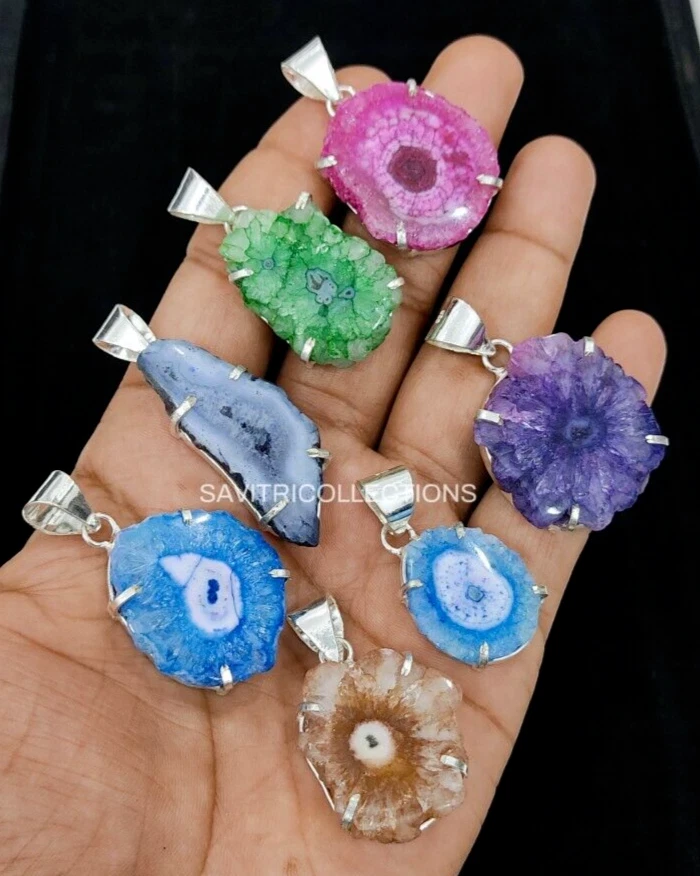 Lote misto de pingente de quartzo pedra preciosa drusa 92,5 folheado a prata atacado joias a granel - Imagem 4 de 4