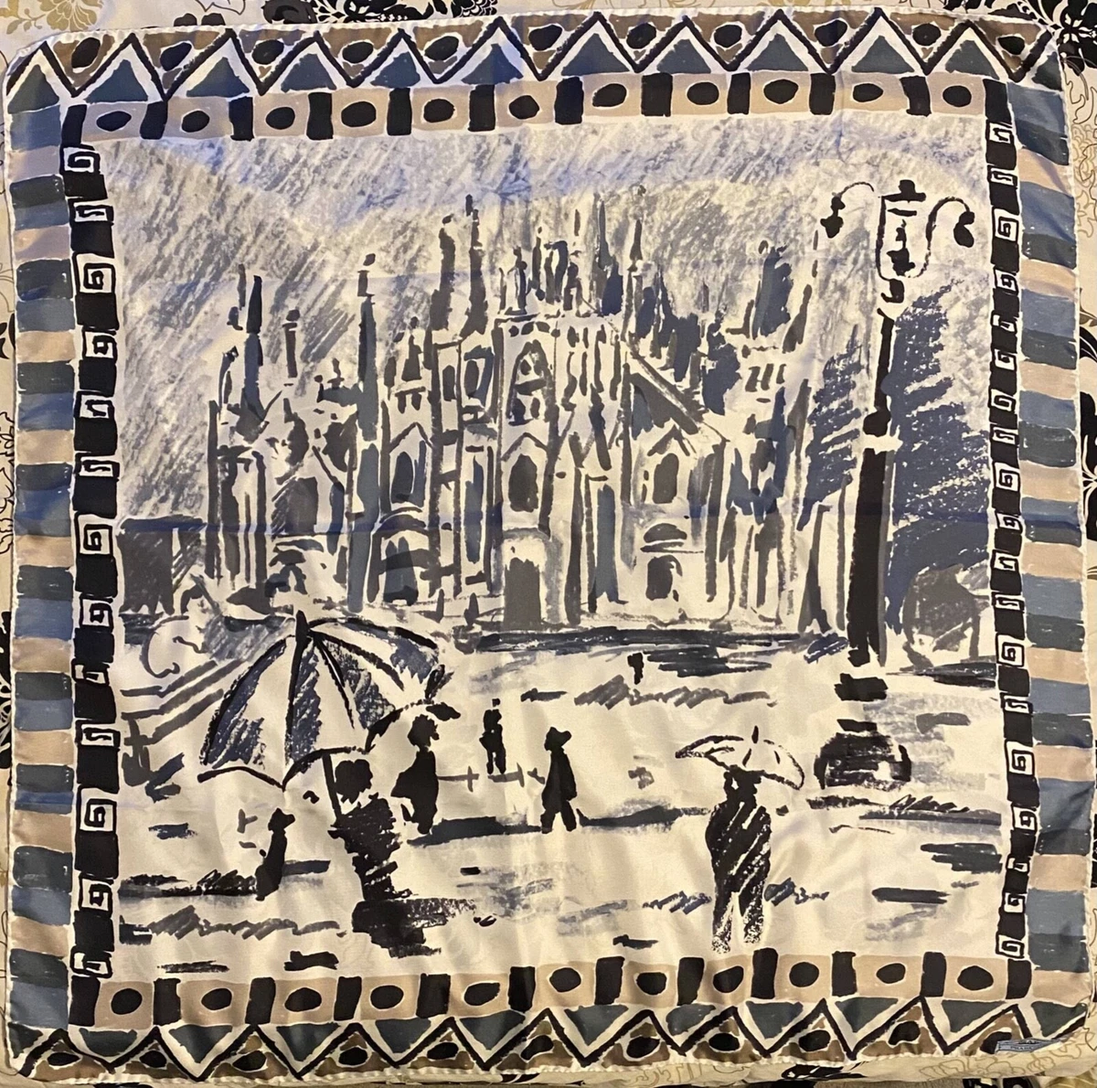 NWT 2015 Prada Milan Duomo Silk Square Scarf Blue Gray Black